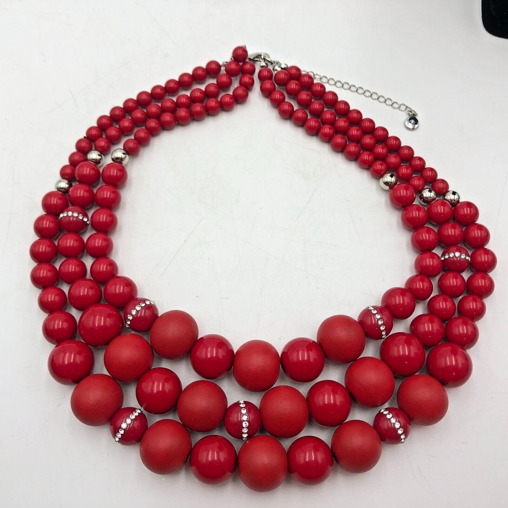 Cato 1946 Red Bead Necklace 3 Multi Strand Silvertone Classic Career Rhinestones